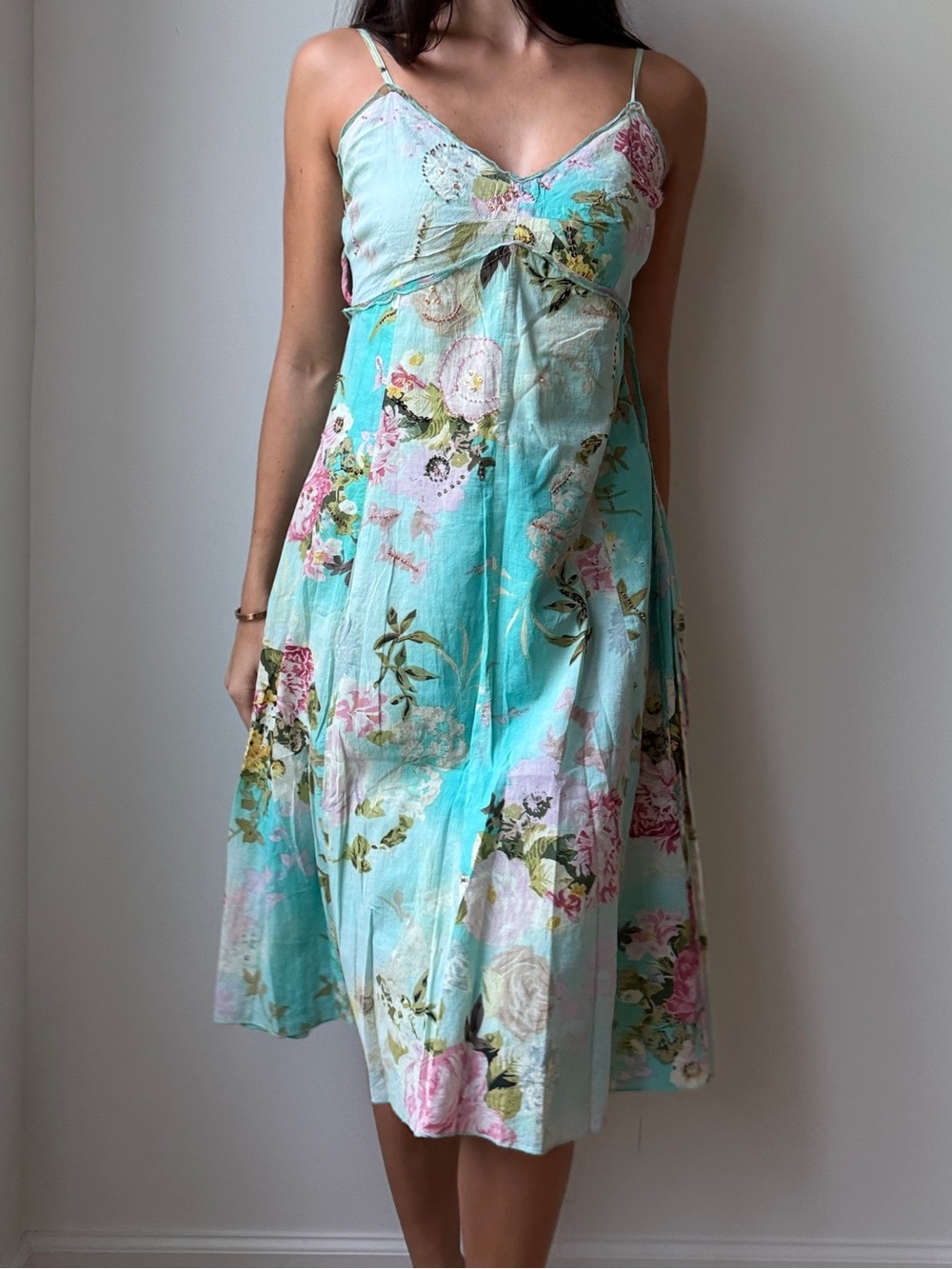Vintage René Derhy Floral Aqua Fairy Dress Beaded Embellished Cottagecore Y2K